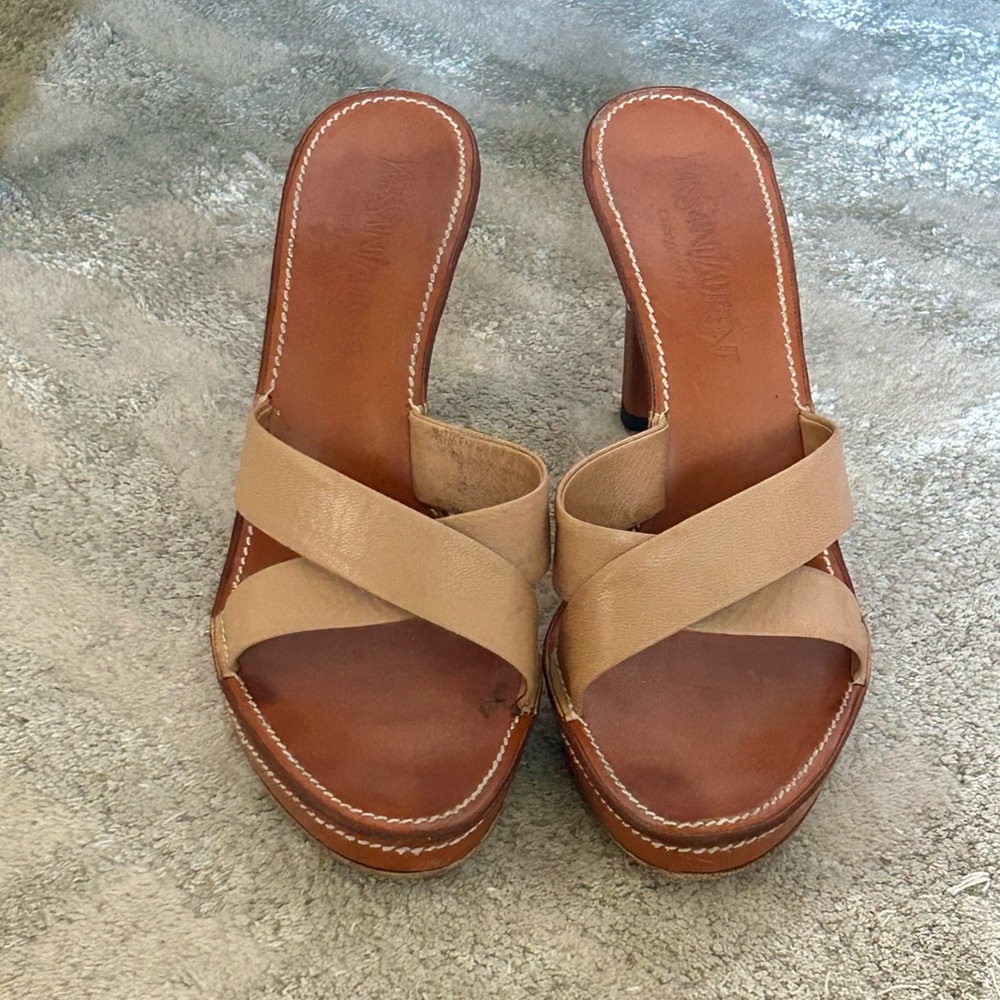 Yves Saint Laurent Tan Leather Heels with Cross-Strap Design - Picture 2 of 15